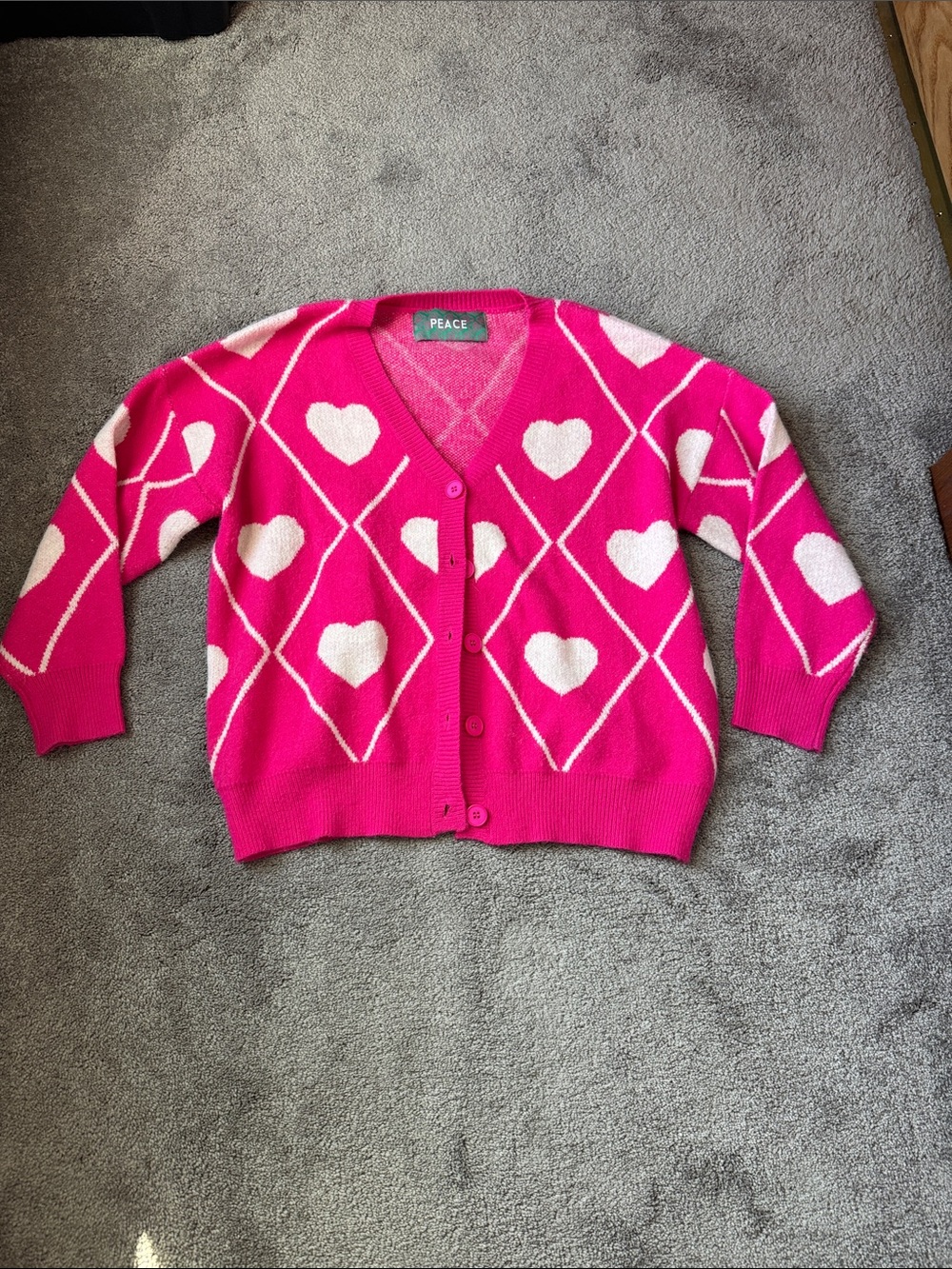 Peace Heart Argyle Cardigan Sweater Pink Button Front Cozy SIZE XL Fleece
